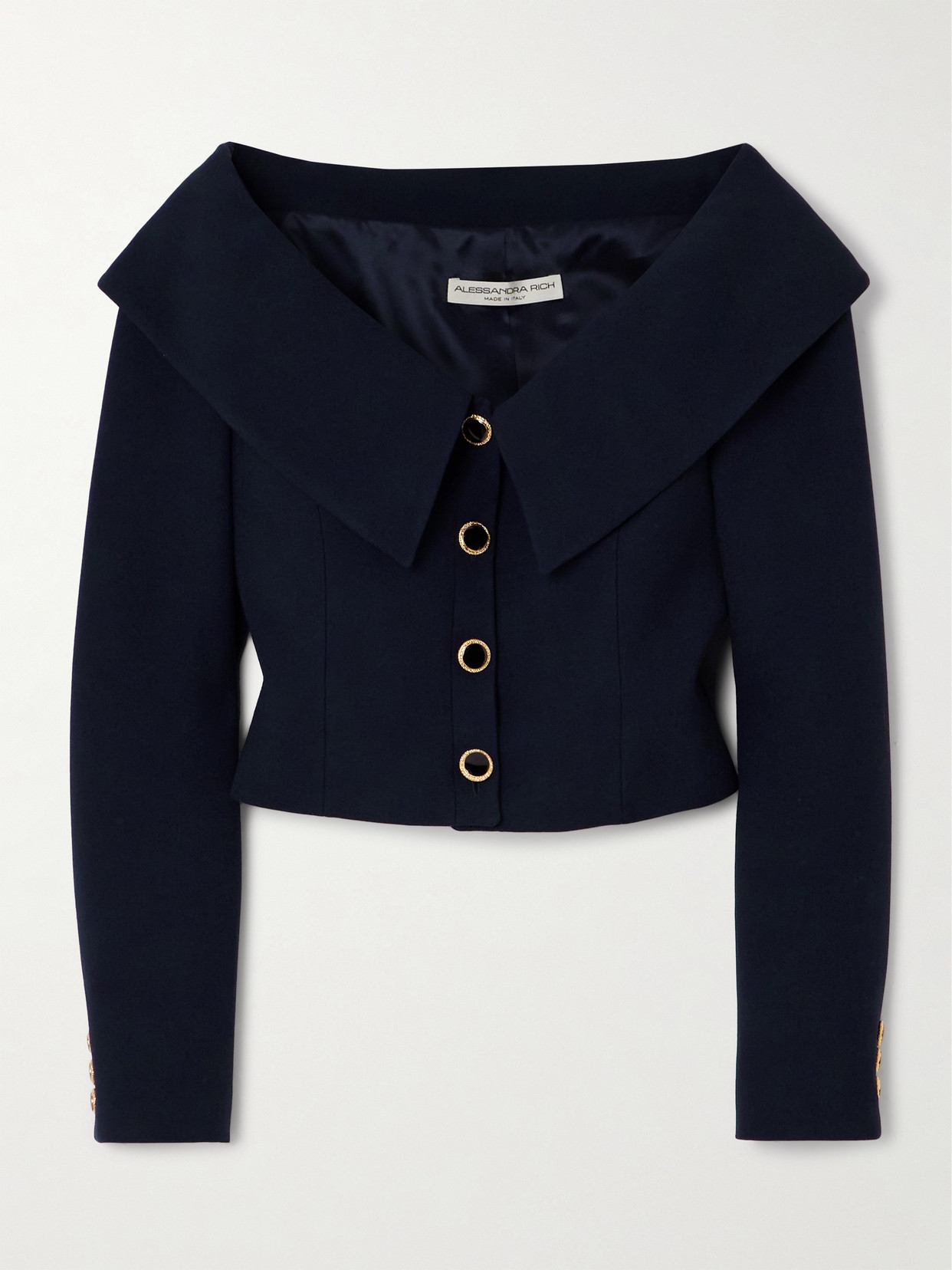 Alessandra Rich Off-the-shoulder Grain De Poudre Wool Jacket In Blue