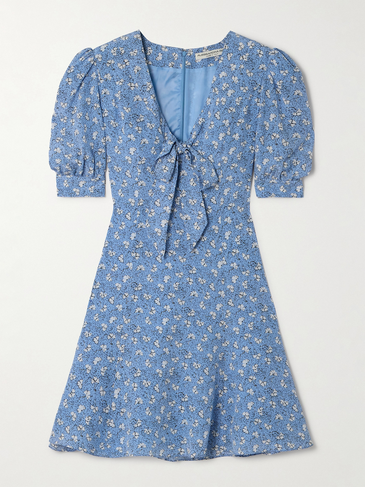 Alessandra Rich Bow-detailed Floral-print Silk-crepe Mini Dress In Blue