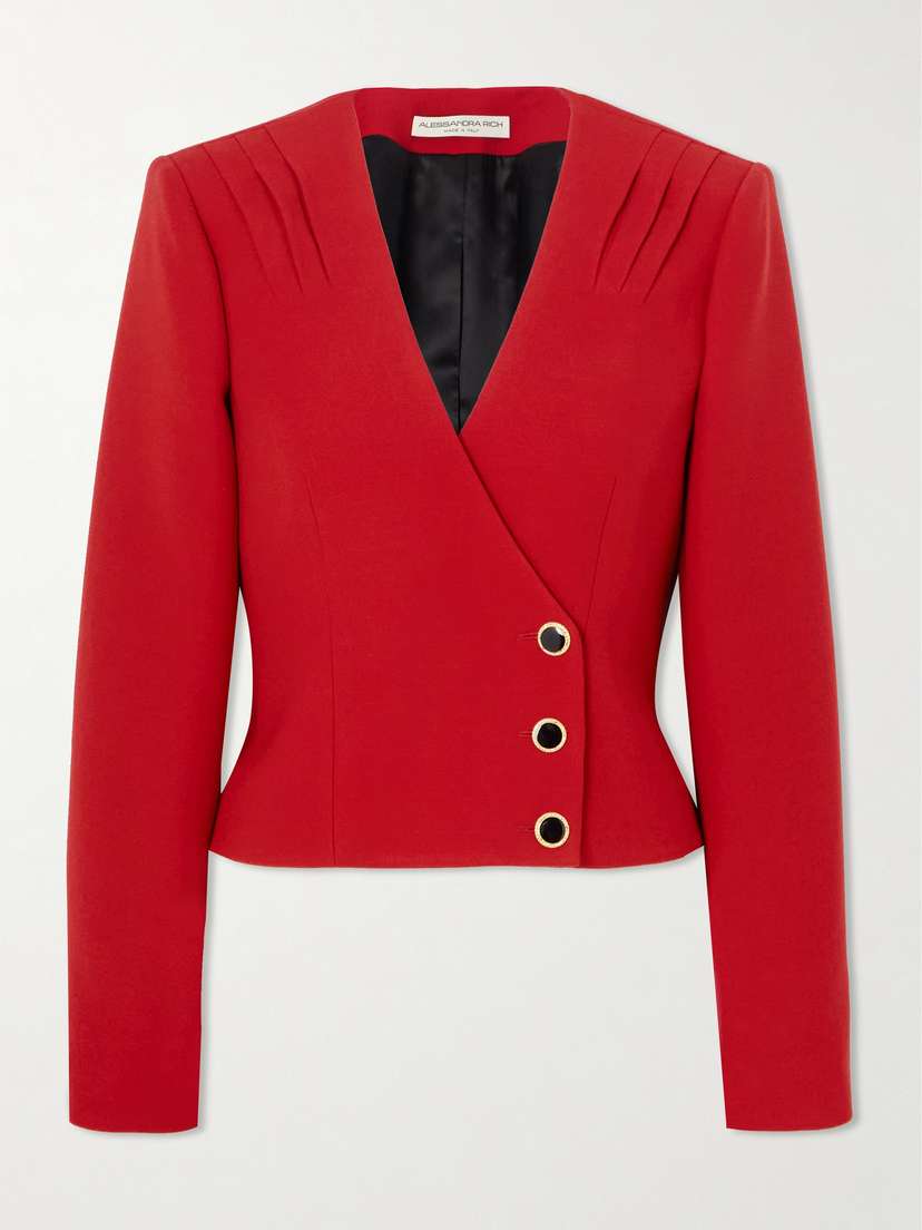 Alessandra Rich Cropped Pleated Wool Grain De Poudre Jacket