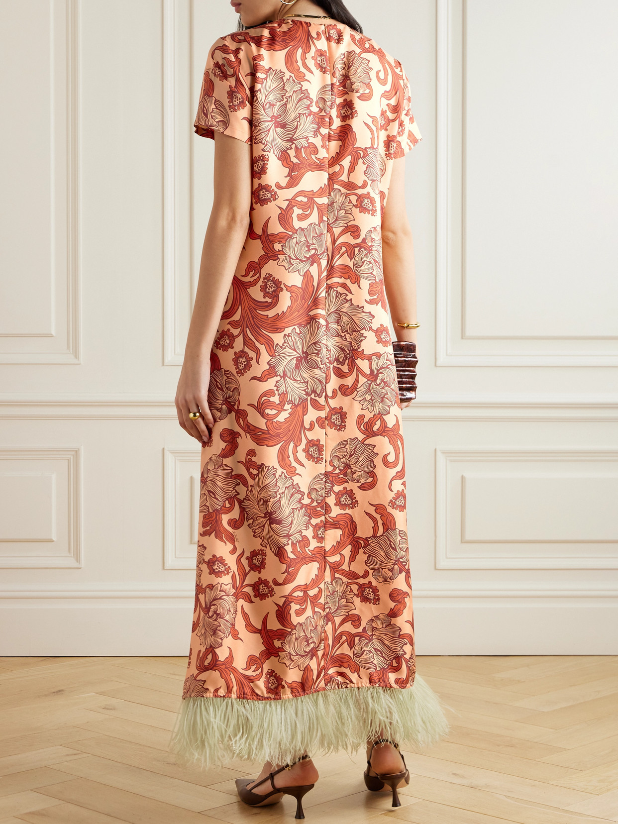 La Doublej Swing Feather-trimmed Printed Silk-twill Maxi Dress In Orange