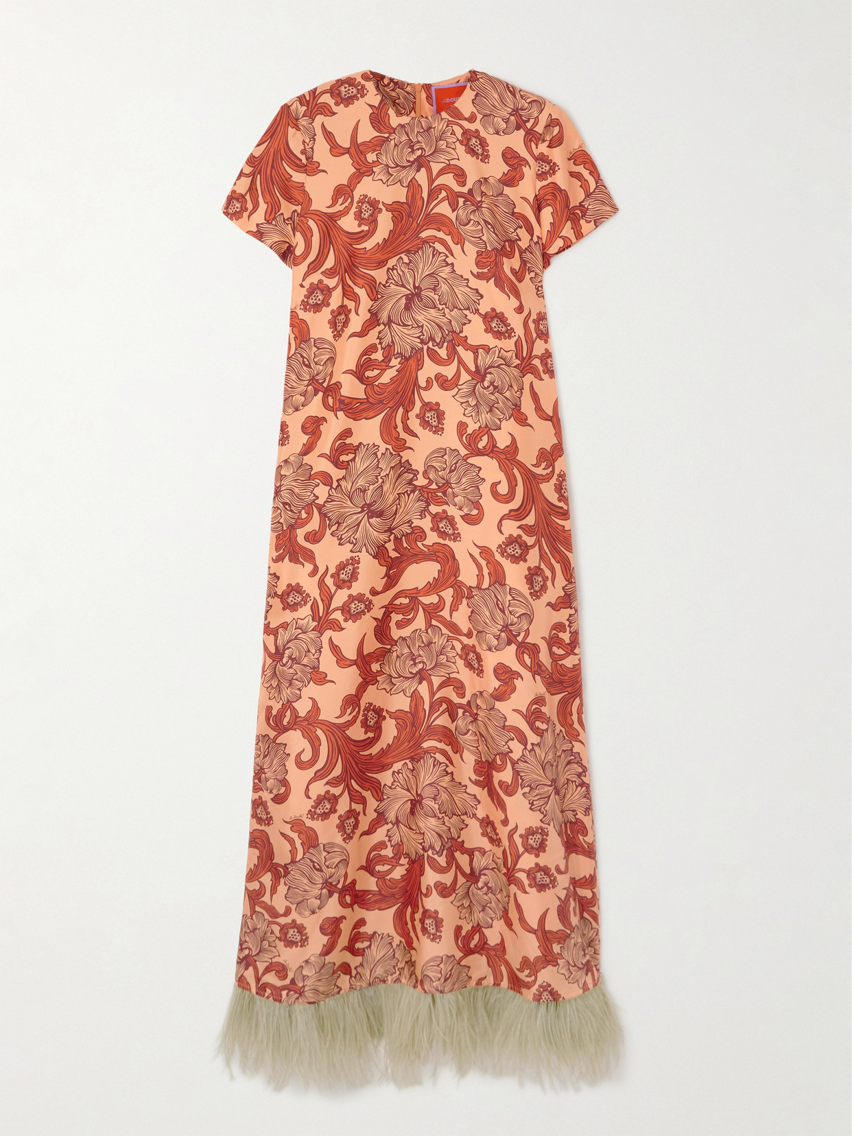 La Doublej Swing Feather-trimmed Printed Silk-twill Maxi Dress In Orange