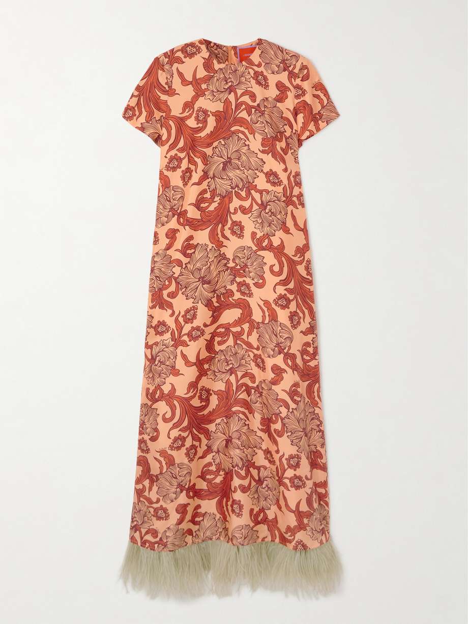 swing feather-trimmed printed silk-twill maxi dress
