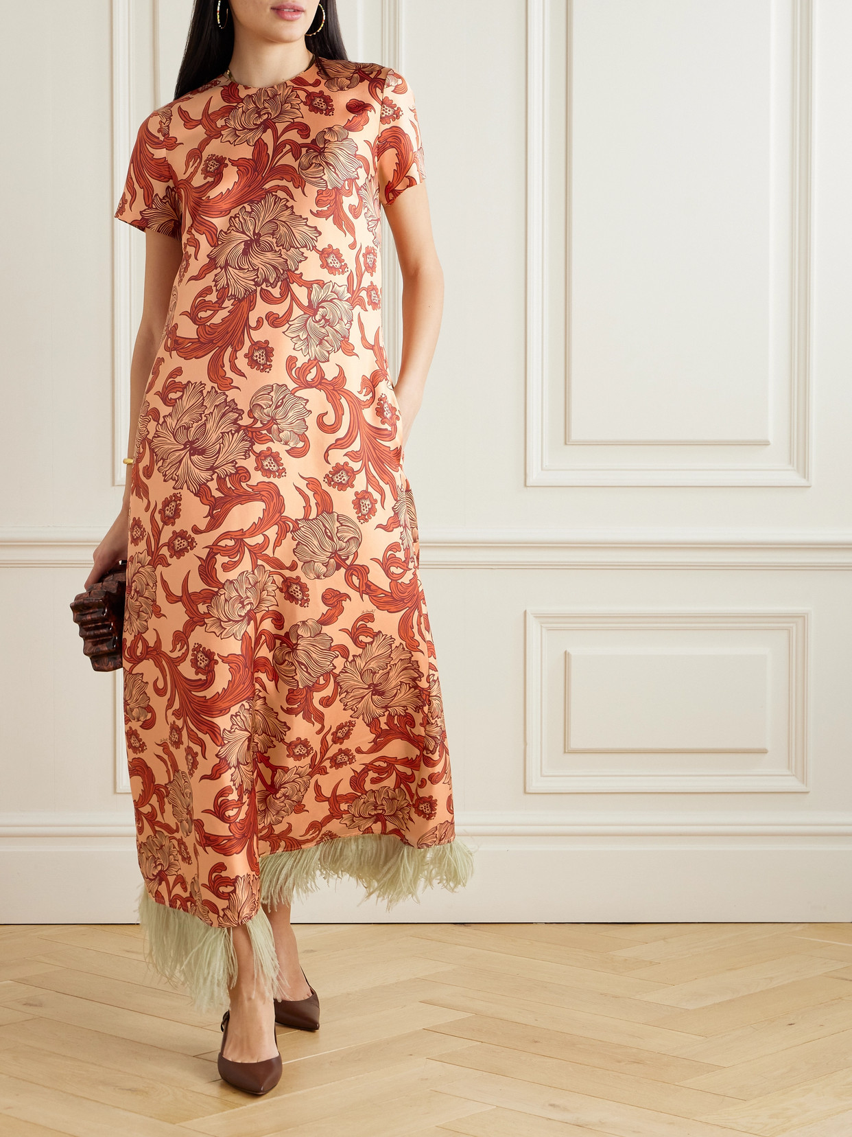 La Doublej Swing Feather-trimmed Printed Silk-twill Maxi Dress In Orange