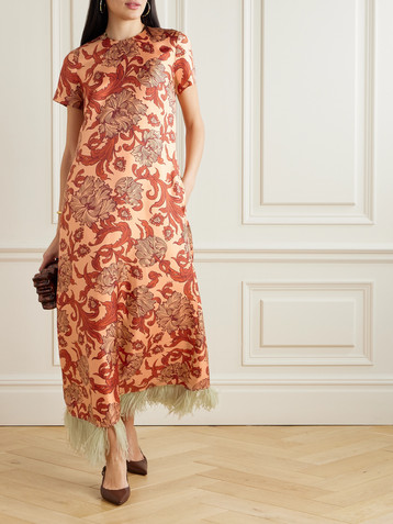 La DoubleJ Swing feather-trimmed printed silk-twill maxi dress