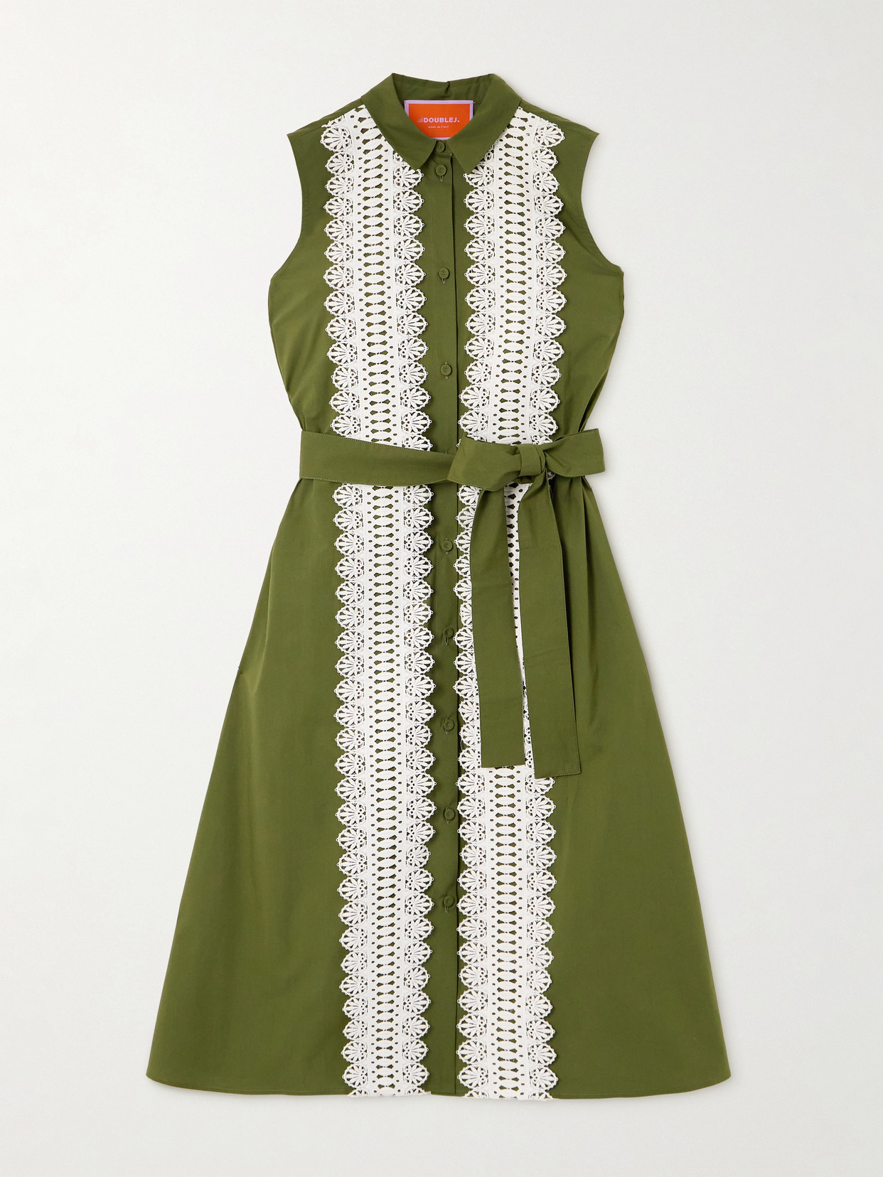 La DoubleJ - Tootsie Belted Lace-trimmed Cotton-poplin Midi Dress - Green