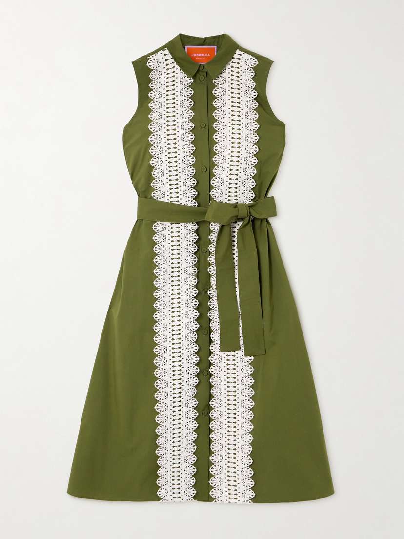 La DoubleJ Tootsie Belted Lace-trimmed Cotton-poplin Midi Dress