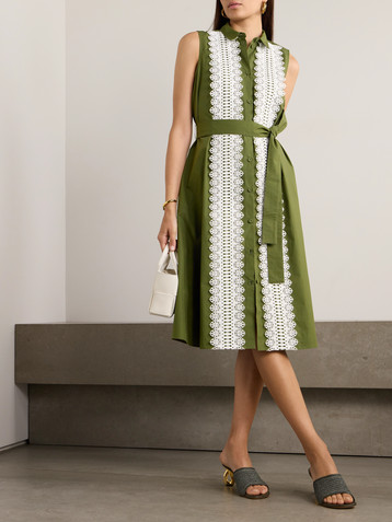 La DoubleJ Tootsie belted lace-trimmed cotton-poplin midi dress