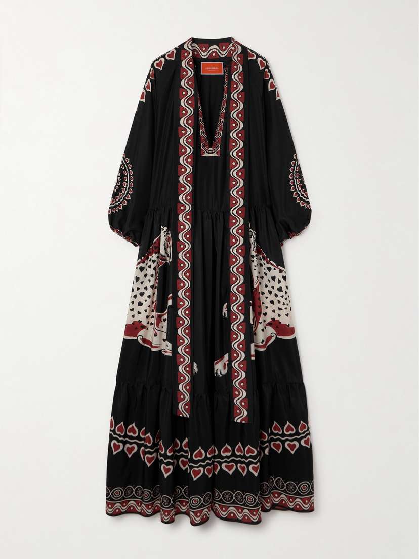 La DoubleJ Athena Pussy-bow Tiered Printed Silk Maxi Dress