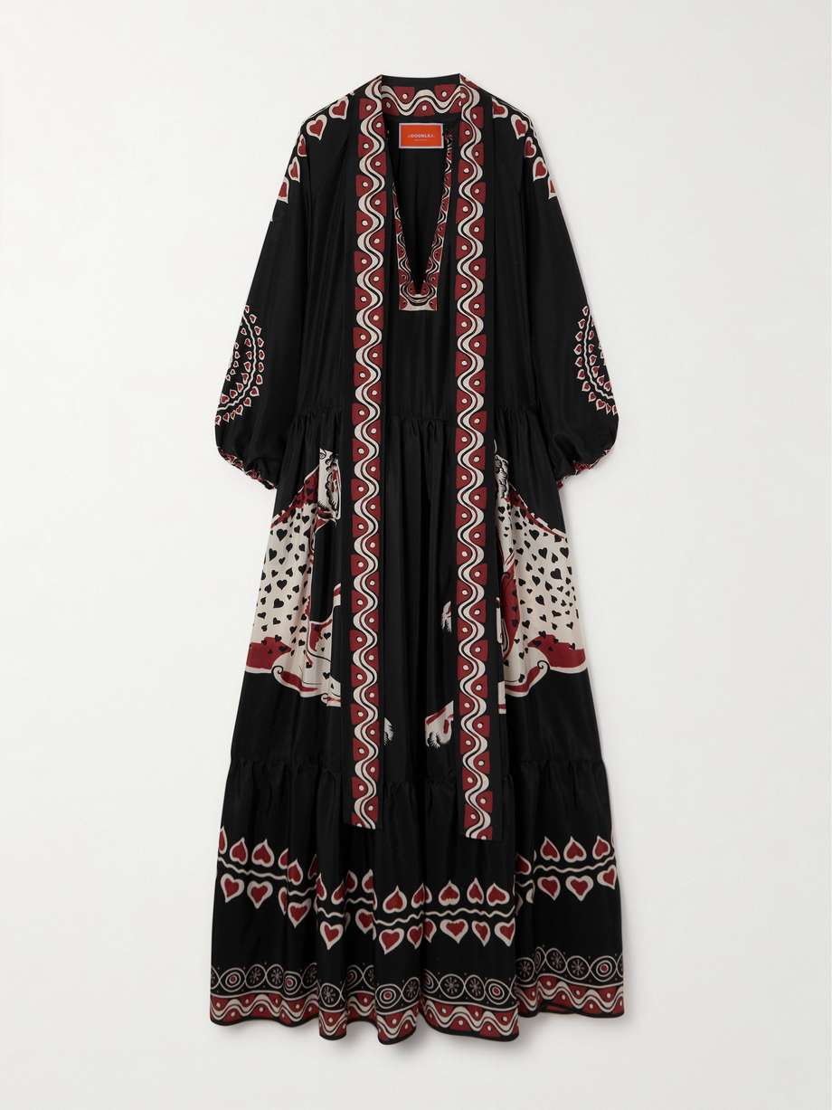 athena pussy-bow tiered printed silk maxi dress