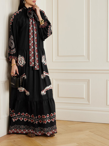La DoubleJ Athena pussy-bow tiered printed silk maxi dress