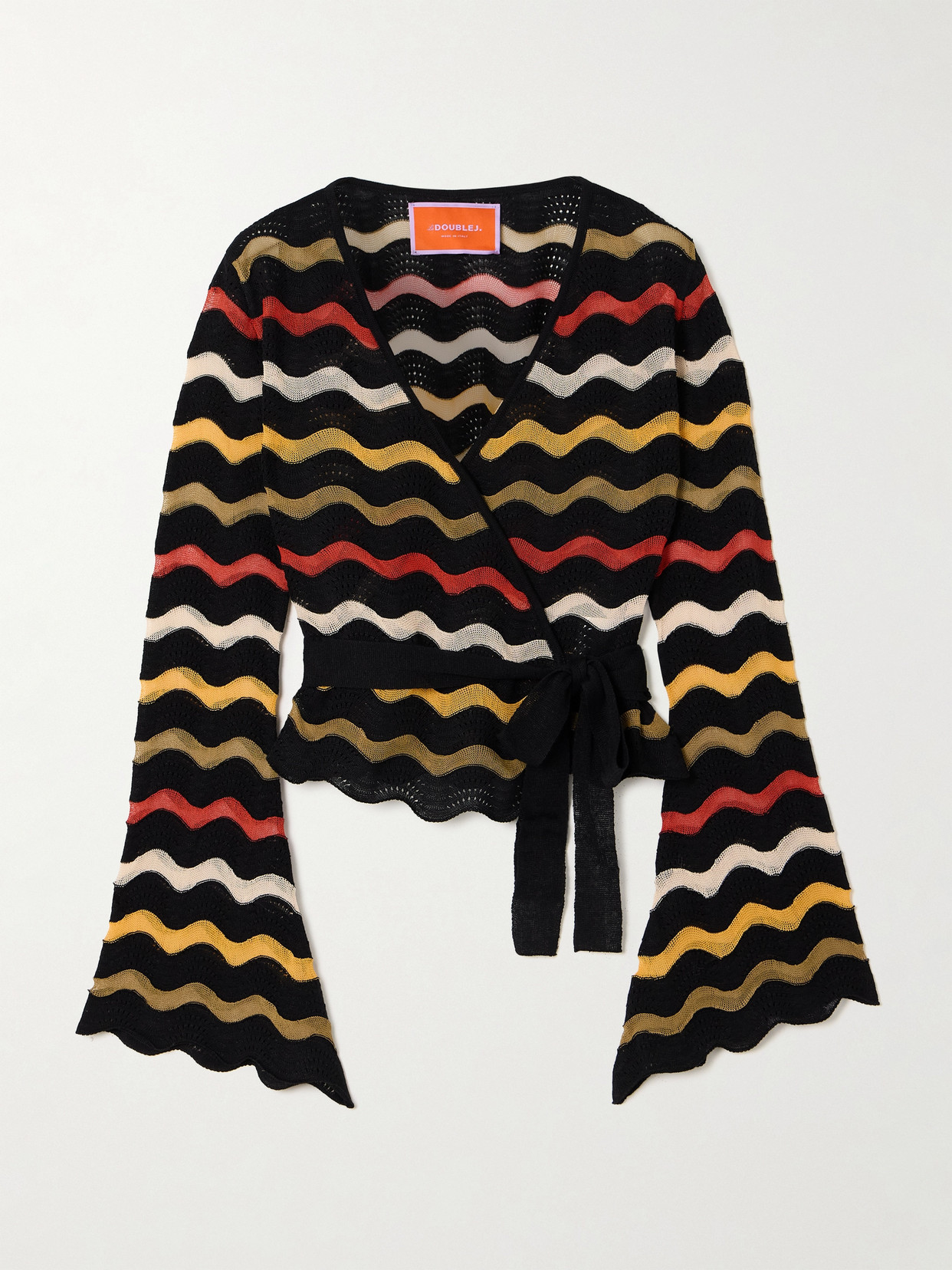 La Doublej Zephyr Scalloped Striped Pointelle-knit Linen-blend Wrap Top In Black