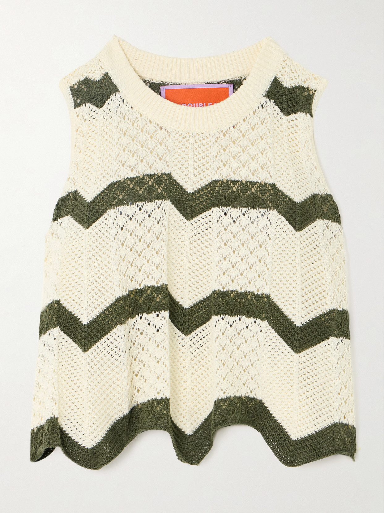 La Doublej Cropped Striped Pointelle-knit Cotton Top In Green