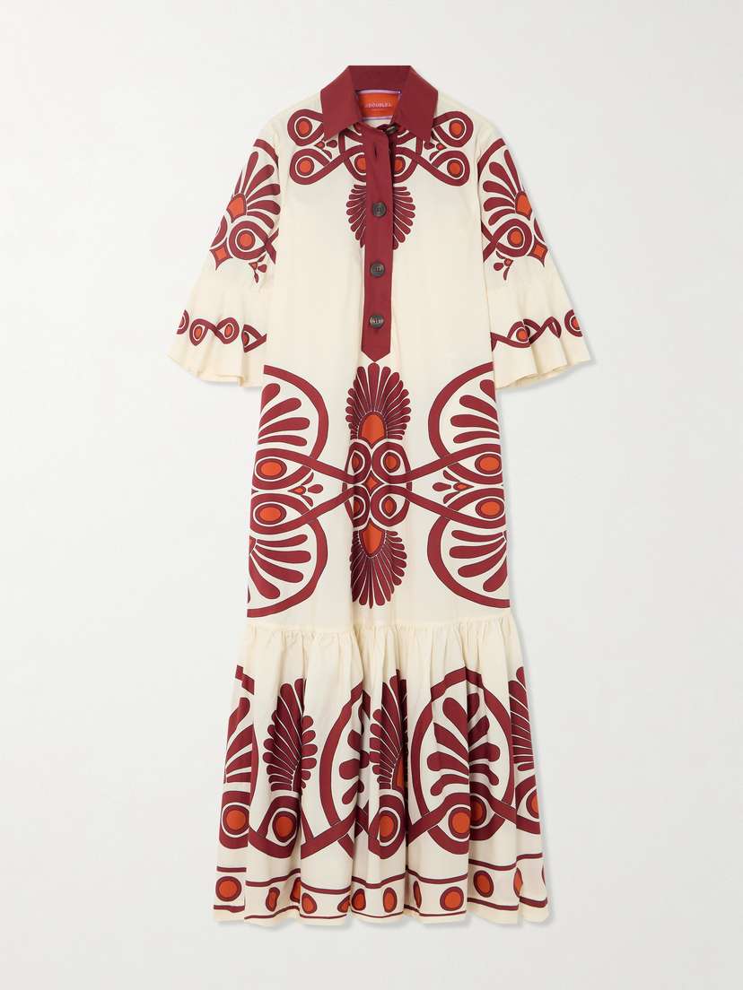 La DoubleJ Artemis Tiered Gathered Printed Cotton Maxi Shirt Dress