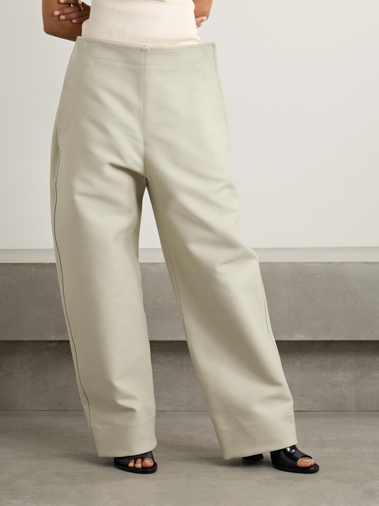 Shop Bottega Veneta Layered Cotton-gabardine Wide-leg Pants In Off-white