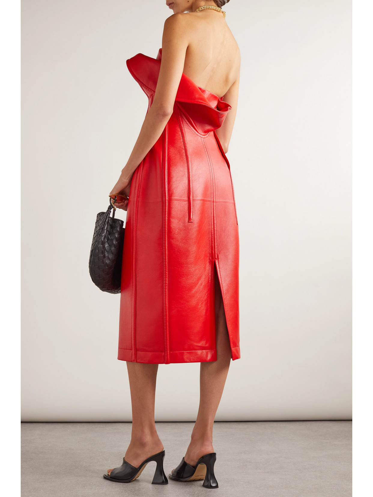 Shop Bottega Veneta Strapless Layered Leather Midi Dress In Red