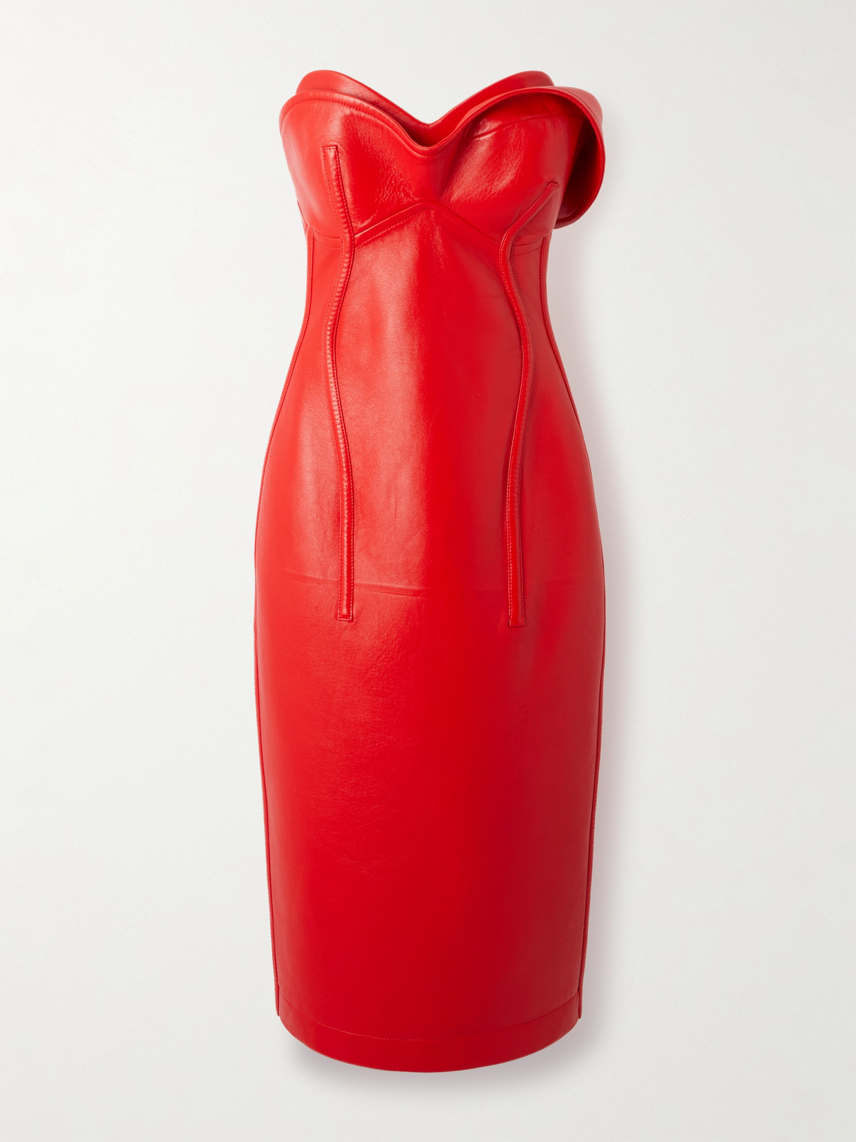 Shop Bottega Veneta Strapless Layered Leather Midi Dress In Red