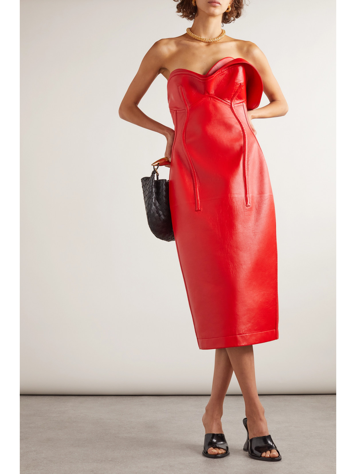 Shop Bottega Veneta Strapless Layered Leather Midi Dress In Red