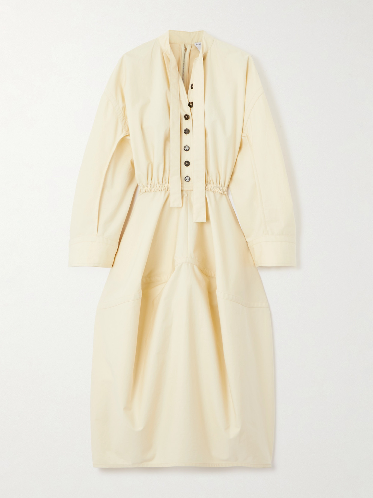 Bottega Veneta Tie-detailed Gathered Cotton-twill Midi Shirt Dress In Neutrals