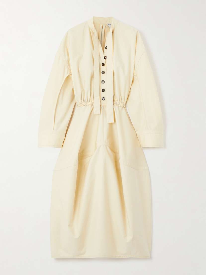 Bottega Veneta Tie-detailed Gathered Cotton-twill Midi Shirt Dress