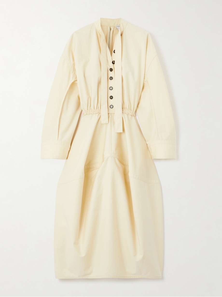 tie-detailed gathered cotton-twill midi shirt dress