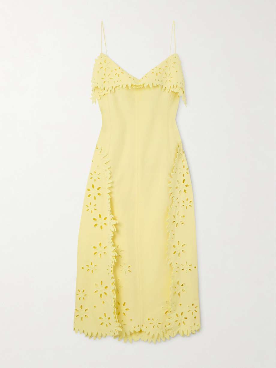 leather-trimmed broderie anglaise midi dress