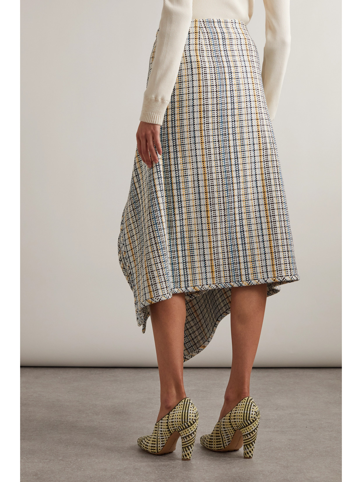 Shop Bottega Veneta Wrap-effect Checked Cotton-blend Tweed Midi Skirt In White