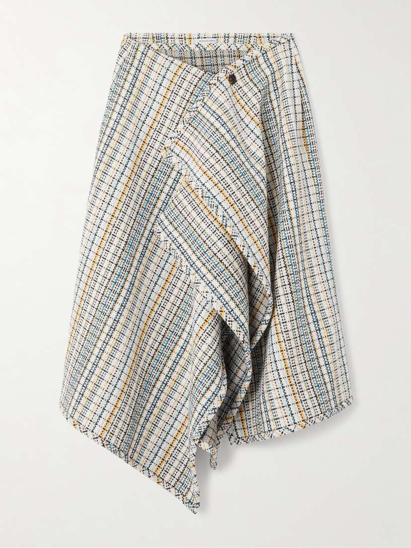Bottega Veneta Wrap-effect Checked Cotton-blend Tweed Midi Skirt