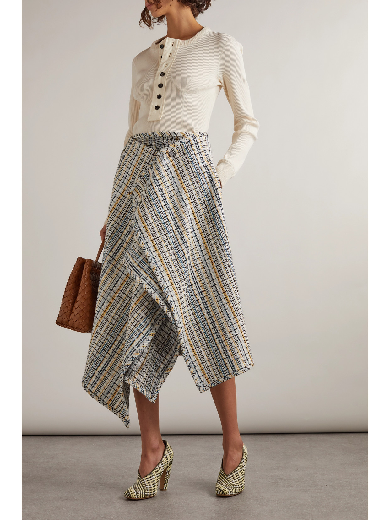 Shop Bottega Veneta Wrap-effect Checked Cotton-blend Tweed Midi Skirt In White