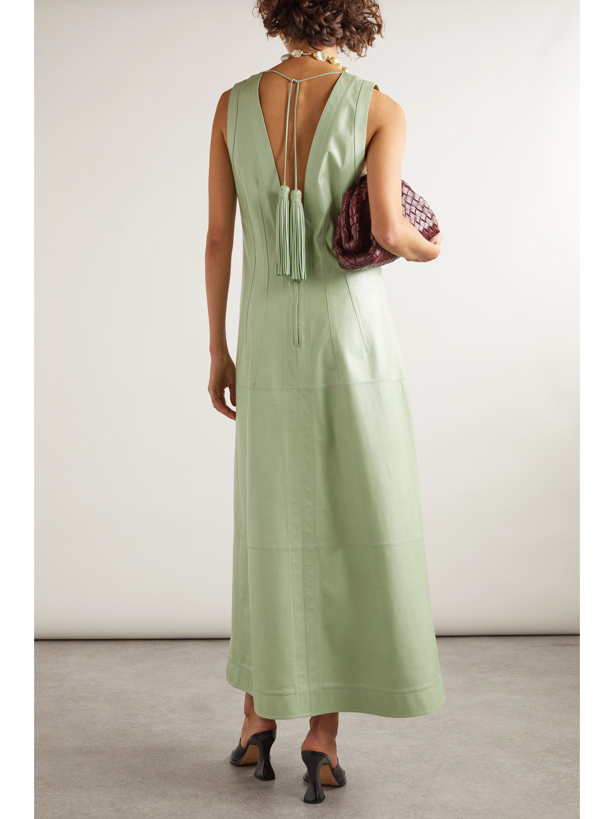 Shop Bottega Veneta Tasseled Leather Maxi Dress In Green