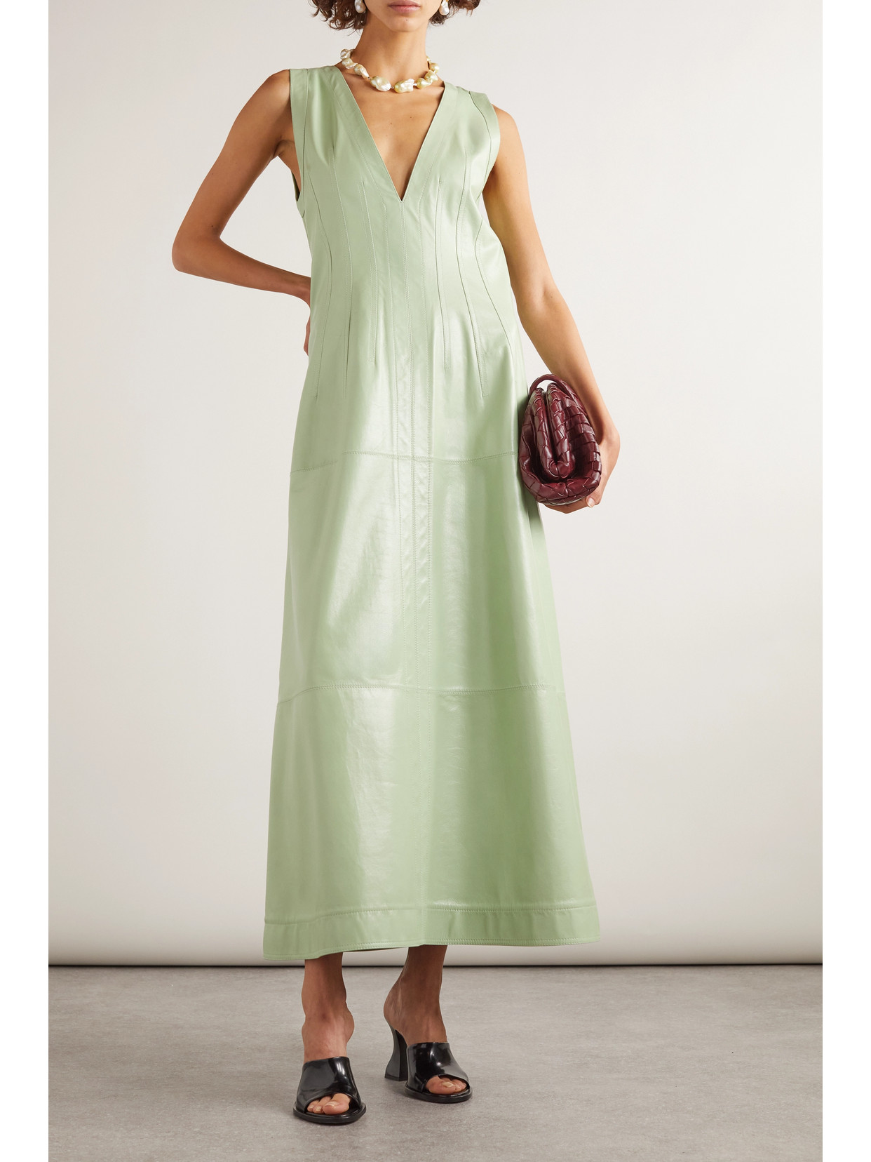 Shop Bottega Veneta Tasseled Leather Maxi Dress In Green