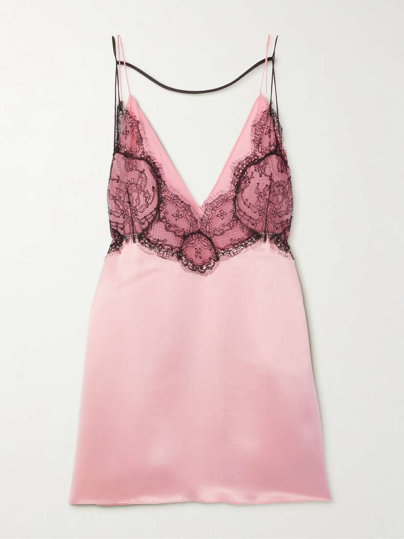 Gucci Open-back Leavers Lace-paneled Silk-blend Satin Mini Dress