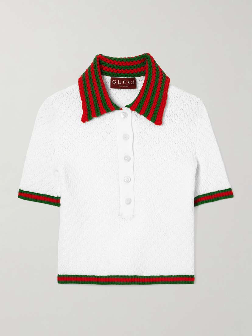 Gucci Striped Ribbed Knit-trimmed Pointelle-knit Cotton-blend Polo Shirt