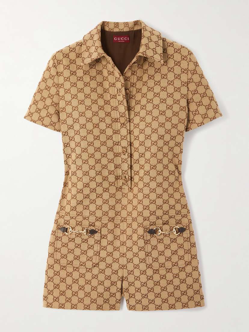 Gucci Embellished Leather-trimmed Canvas-jacquard Playsuit