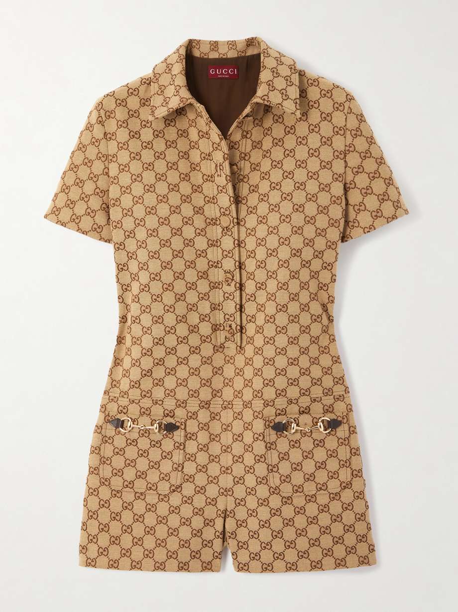 embellished leather-trimmed canvas-jacquard playsuit