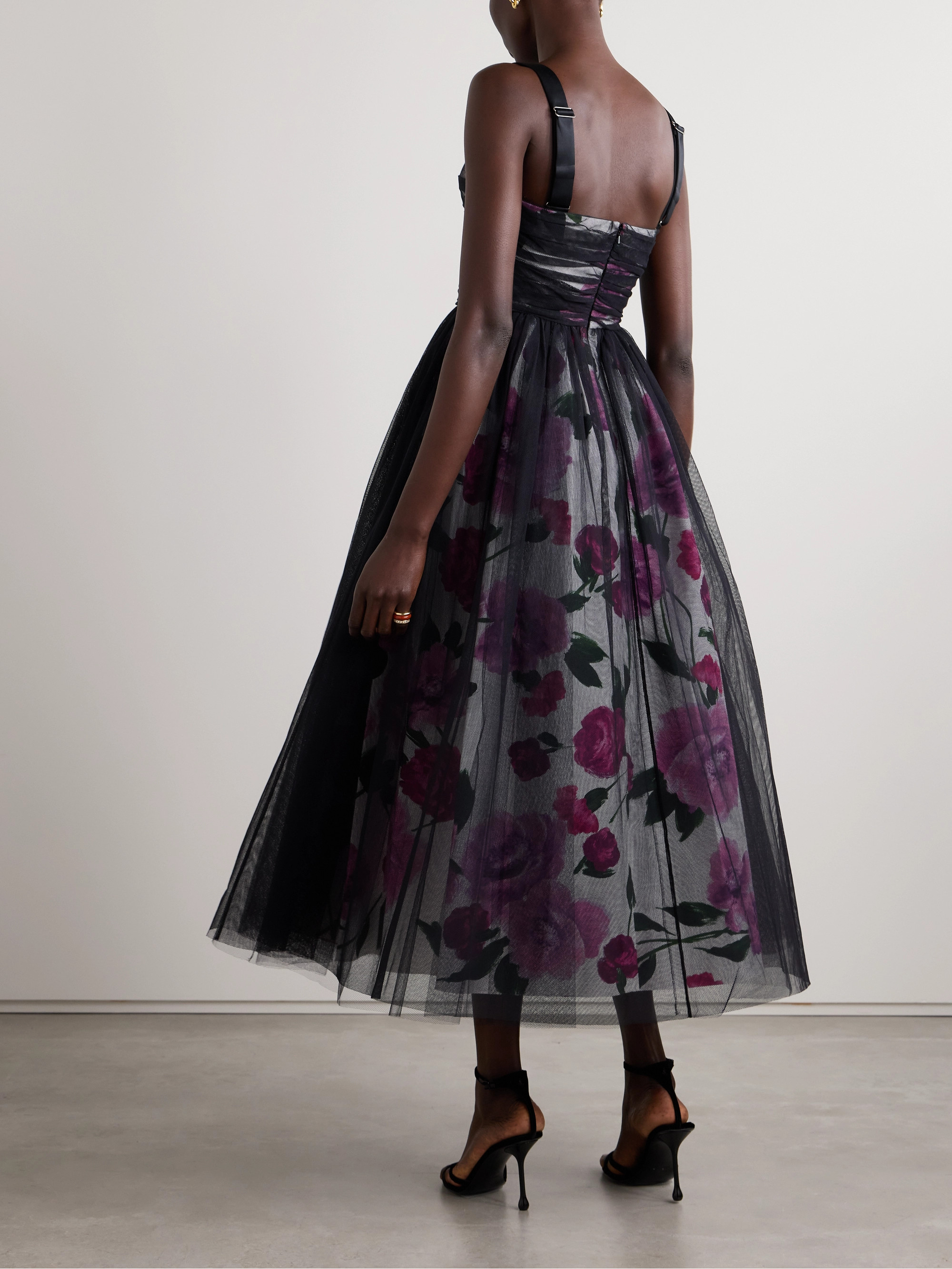 Erdem Layered ruched tulle and floral-print cotton-faille midi dress thumbnail