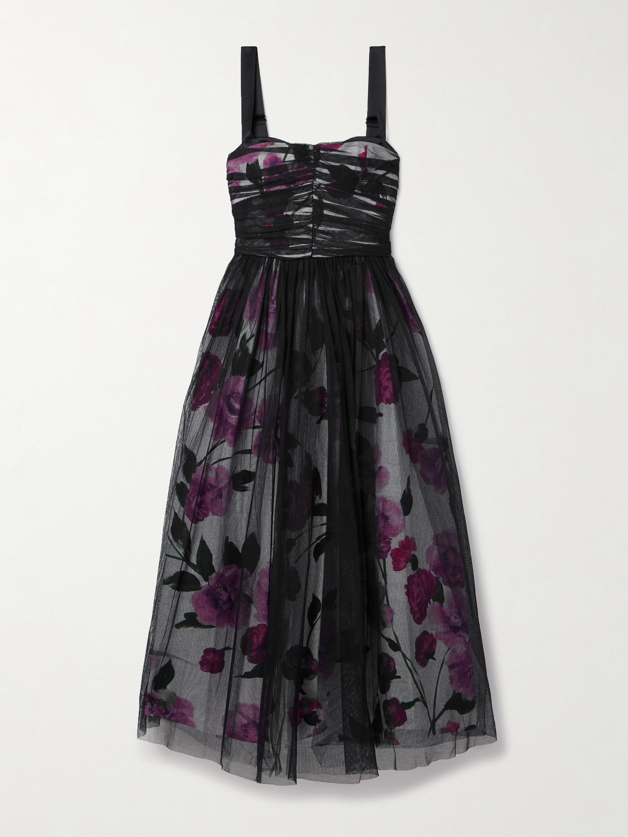 Erdem - Layered Ruched Tulle And Floral-print Cotton-faille Midi Dress - Multi