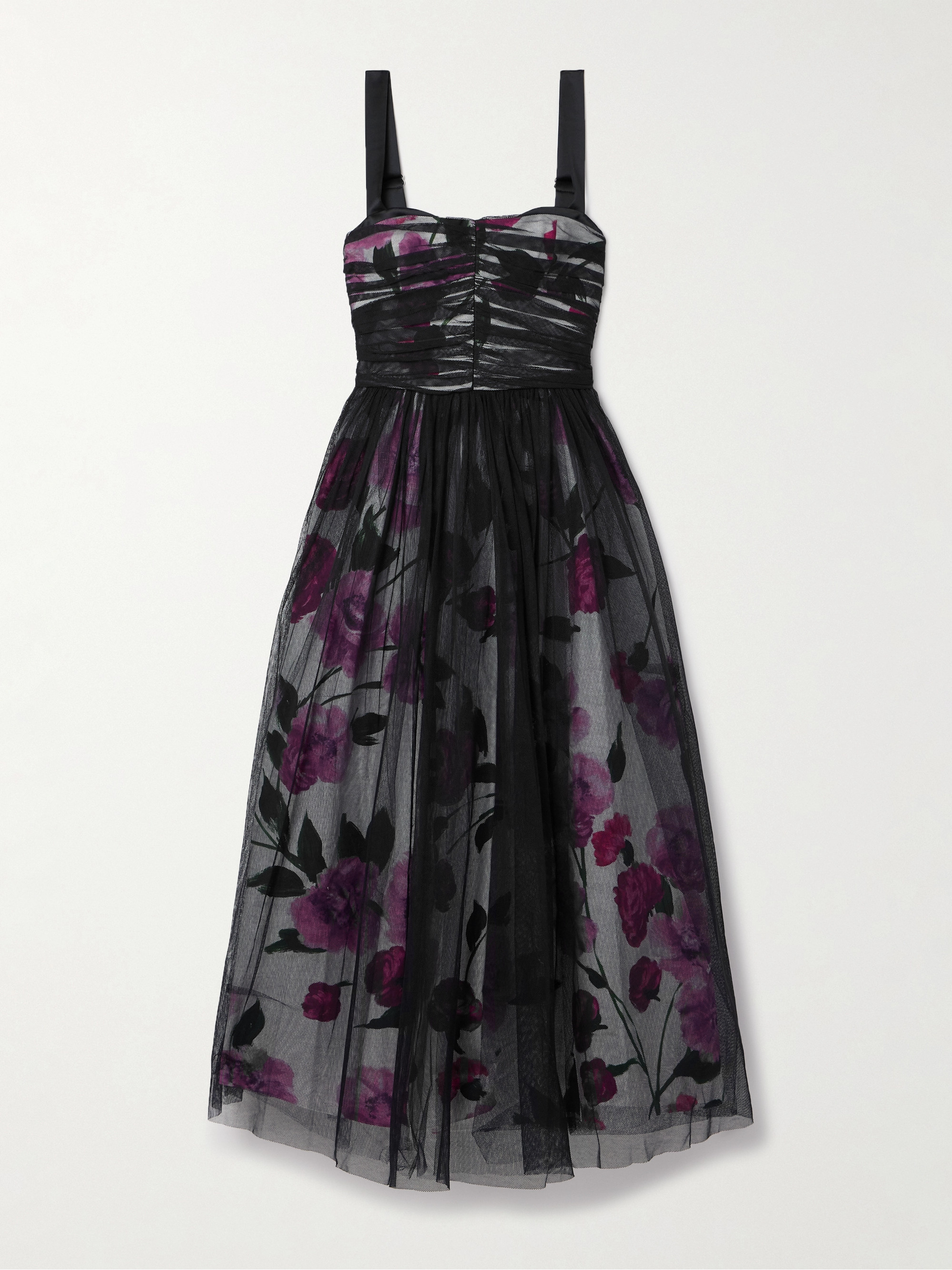 Erdem Layered ruched tulle and floral-print cotton-faille midi dress thumbnail