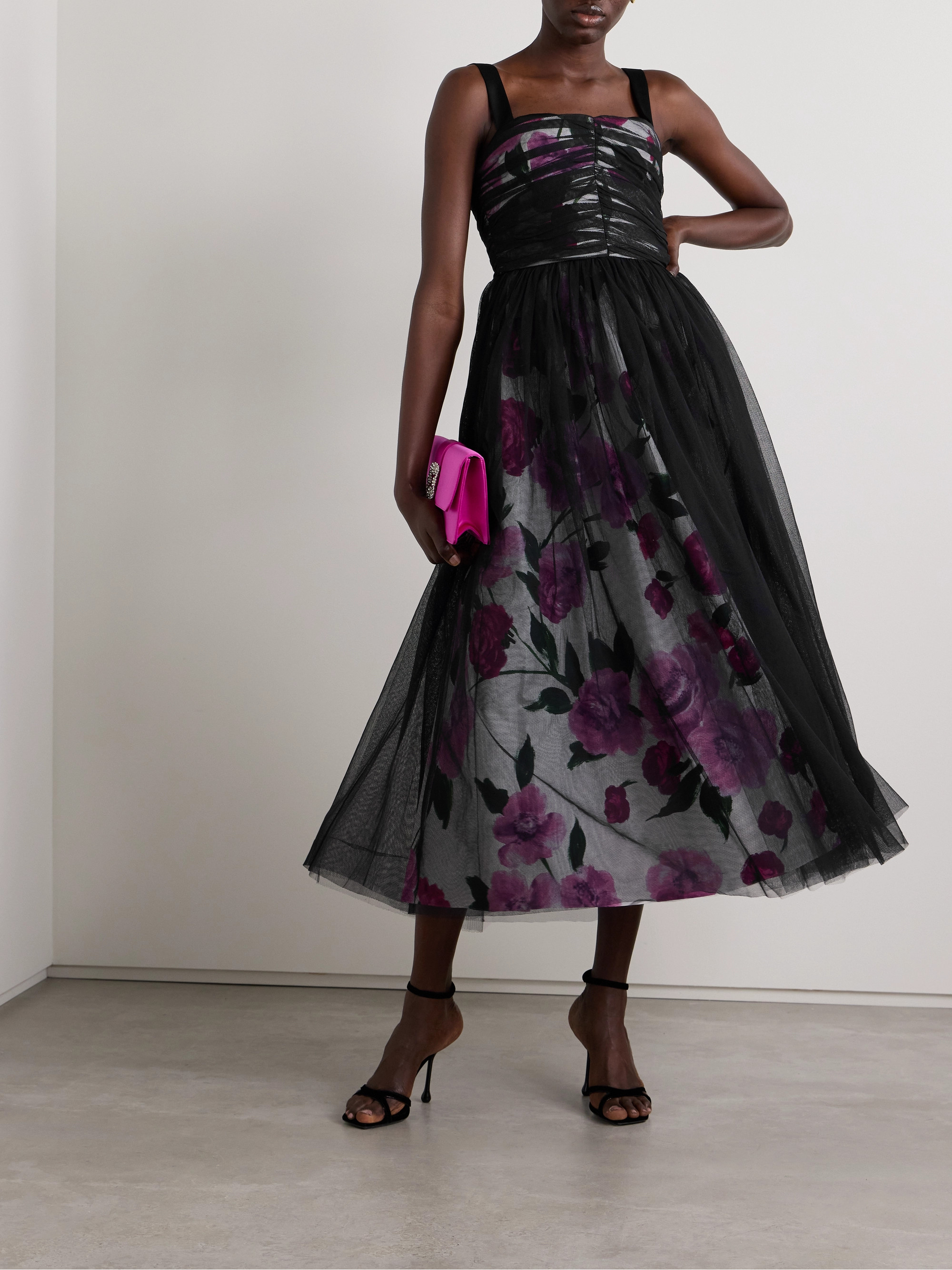 Erdem Layered ruched tulle and floral-print cotton-faille midi dress