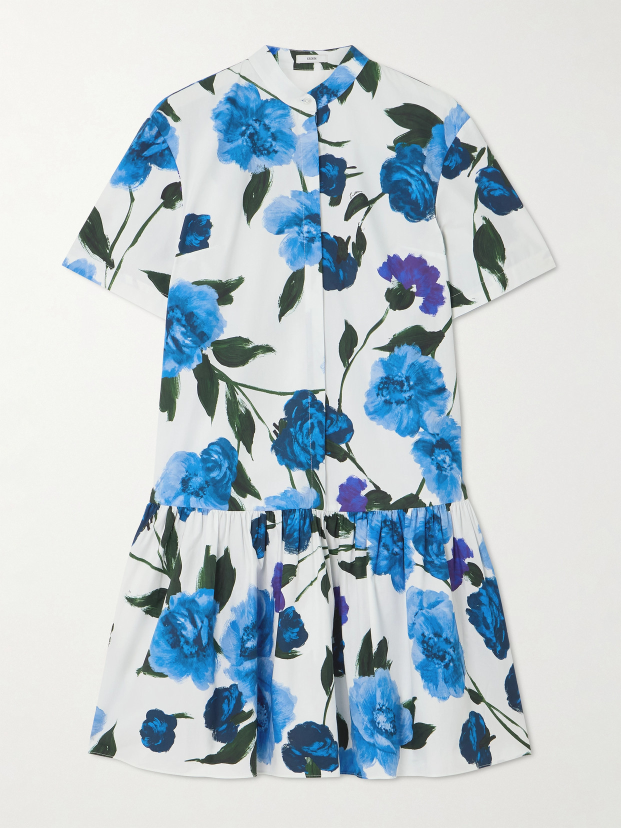 Erdem - Gathered Tiered Floral-print Cotton Mini Shirt Dress - Blue