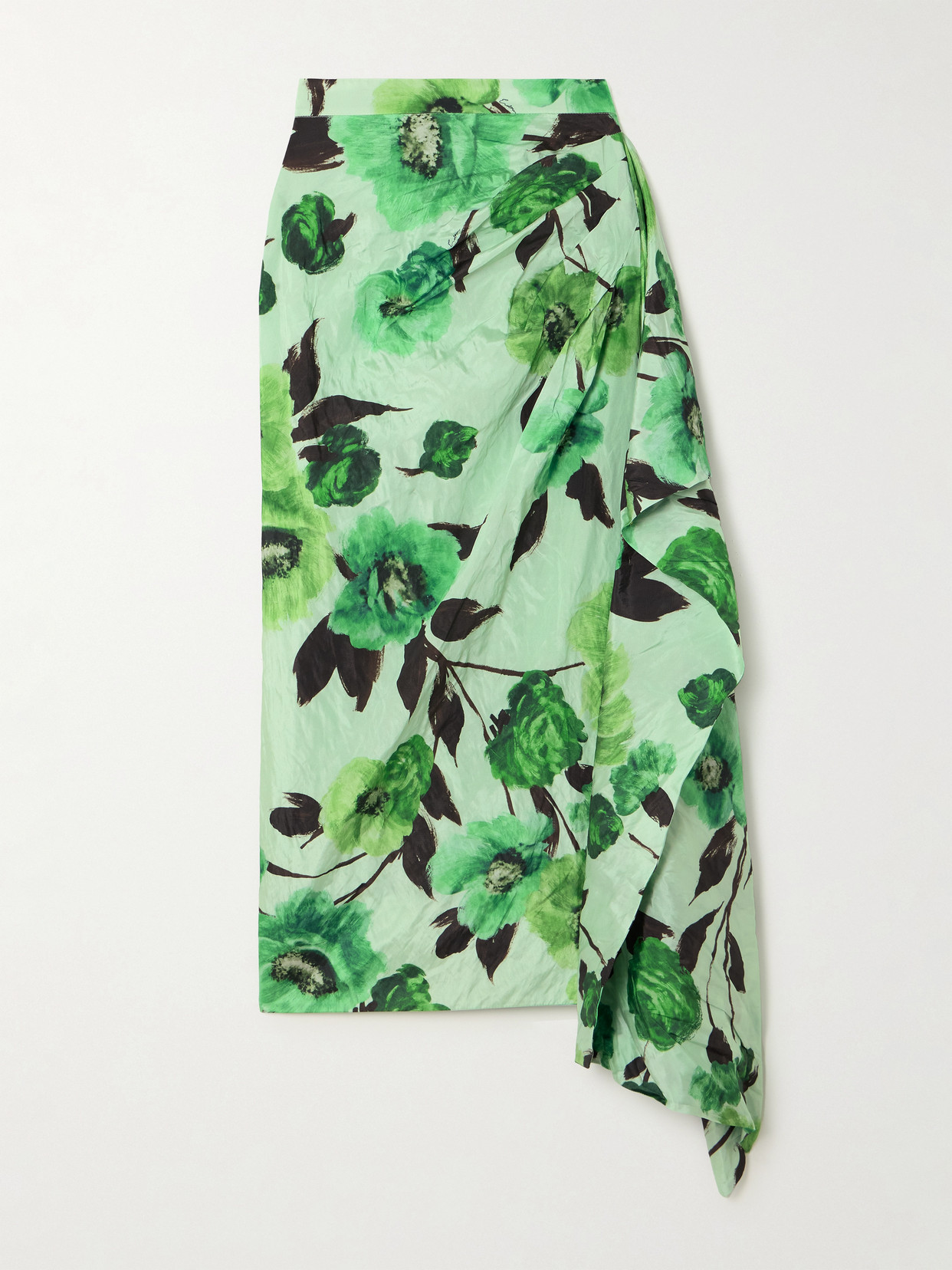 Erdem - Asymmetric Draped Floral-print Crinkled-taffeta Midi Skirt - Green