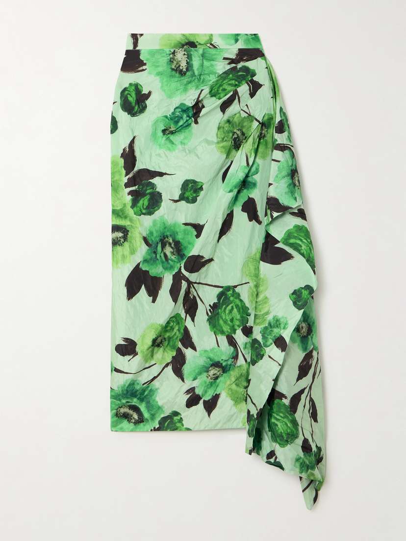 Erdem Asymmetric Draped Floral-print Crinkled-taffeta Midi Skirt - UK 6
