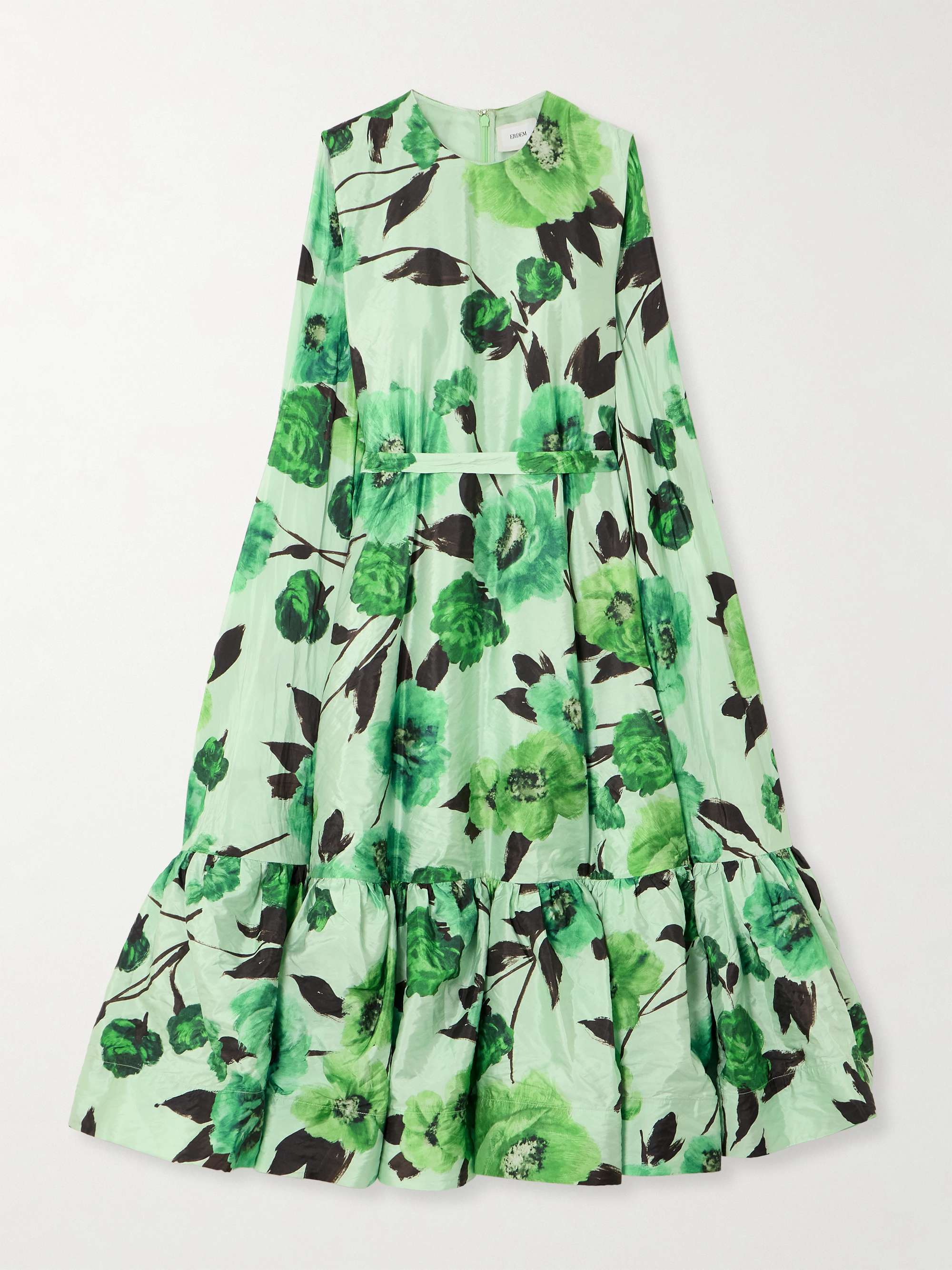 ERDEM Belted cape effect tiered floral print crinkled taffeta midi dress NET A PORTER