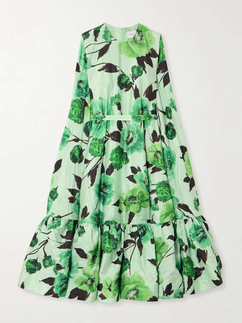 Erdem Belted Cape-effect Tiered Floral-print Crinkled-taffeta Midi Dress