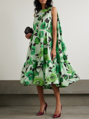 Erdem Belted cape-effect tiered floral-print crinkled-taffeta midi dress