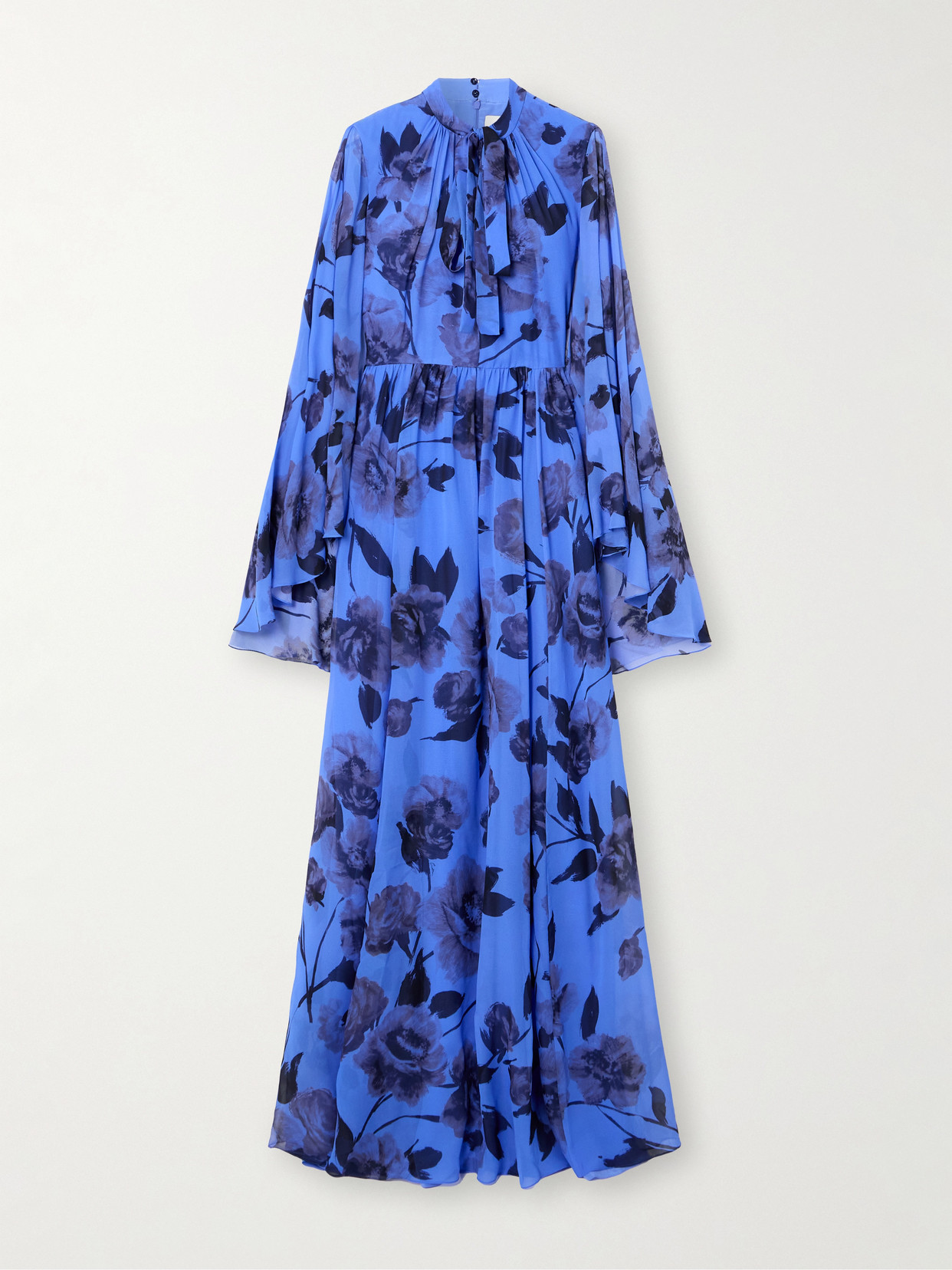 Erdem Pussy-bow Gathered Floral-print Silk-voile Gown In Blue