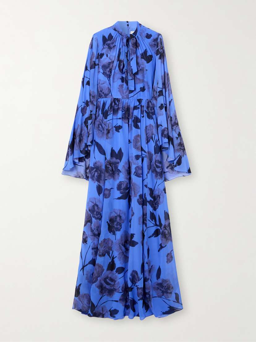 Erdem Pussy-bow Gathered Floral-print Silk-voile Gown