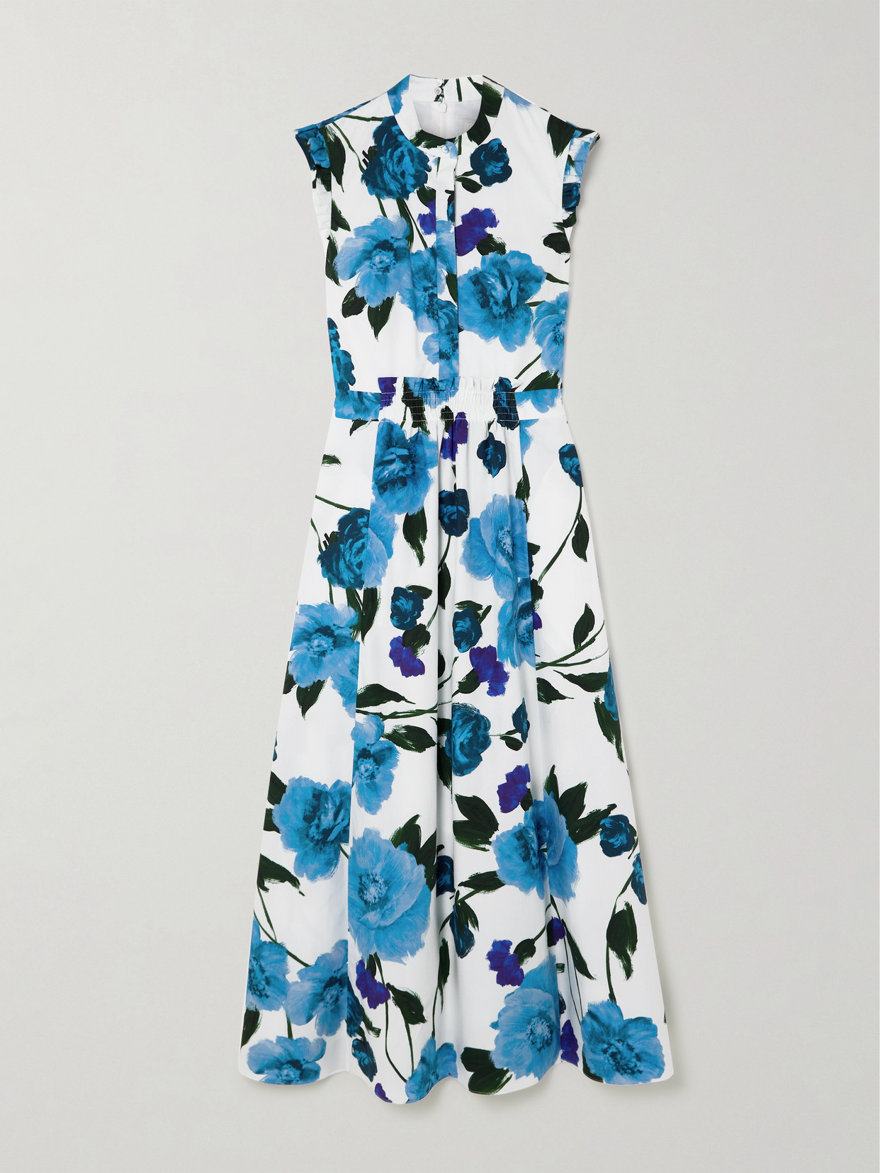 Erdem - Ruffled Shirred Floral-print Cotton-poplin Midi Dress - Blue