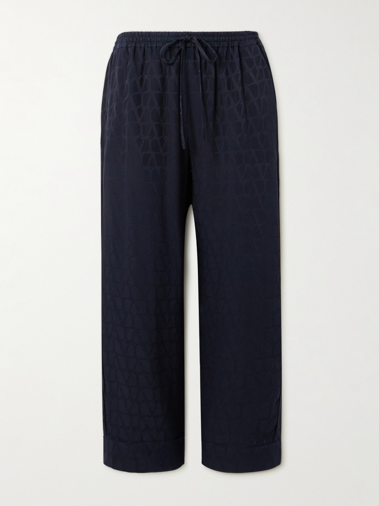 Valentino Cropped Silk Satin-jacquard Pajama-style Pants In Blue