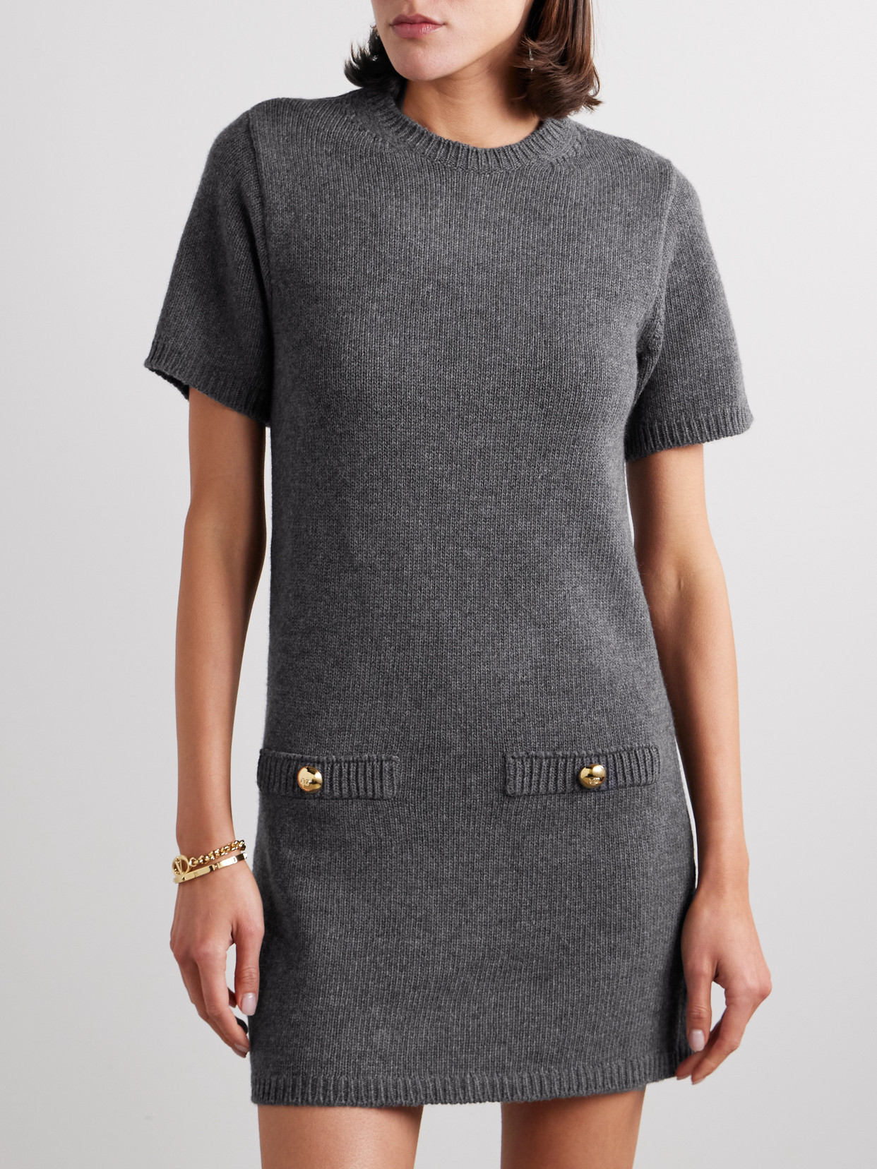 Valentino Button-embellished Wool Mini Dress In Gray