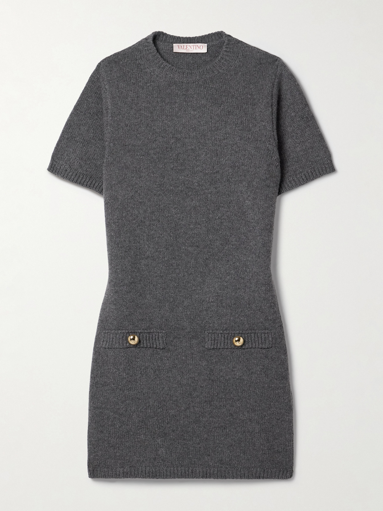 Valentino Button-embellished Wool Mini Dress In Grey